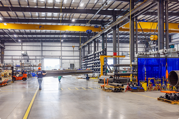 UPI team members inside the piping fabrication workshop